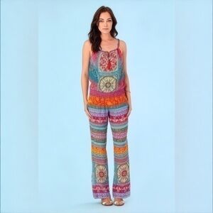 Hale Bob Jumpsuit Sz S Orange Blue Paisley Print Summer Coastal Beach Breathable